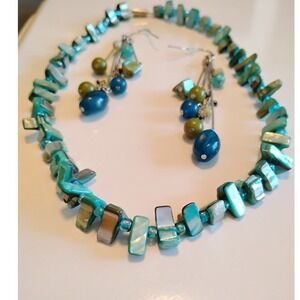 Vintage 90s Teal Boho Beaded Mermaidcore Coastal Fairy Necklace Set + Earrings